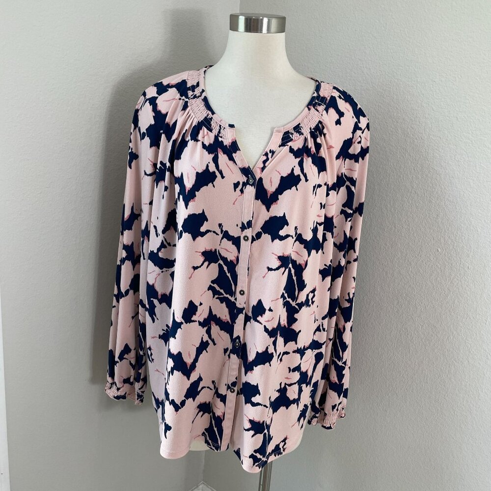 Liz Claiborne Woman Plus 2X Pink Navy Floral Button‎ Blouse Long Sleeve V Neck